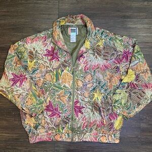 Vintage EVR 100% Silk Leaf Print Zip Up Light Jacket Women’s Retro 80s 90s